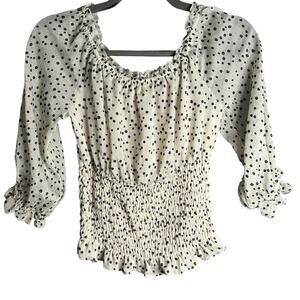 Anthropologie White Blouse with Black Dots & Smocked Waist Size XS